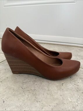 Call It Spring Brown Leather Wedge Pumps